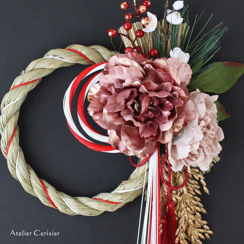 お正月飾り しめ縄＜牡丹 くすみピンク＞しめ飾り アーティフィシャル