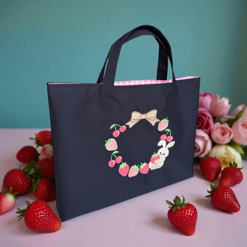 うさぎとチェリー／レッスンバッグ|リバティ|名入れ|刺繍|女の子|私立