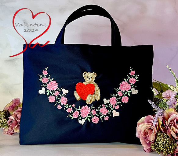 【期間限定】Valentinishテディベア×花|レッスンバッグ|名入れ|刺繍|女の子|男の子|お受験|私立|お道具 12枚目の画像