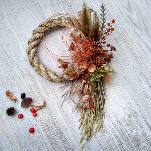 しめ縄③ お正月飾り　ハンドメイド　稲穂　アーティフィシャル　しめ縄リース 自然素材 しめ縄飾り 稲穂 ドライ 和風 ナチュラル 正月飾り