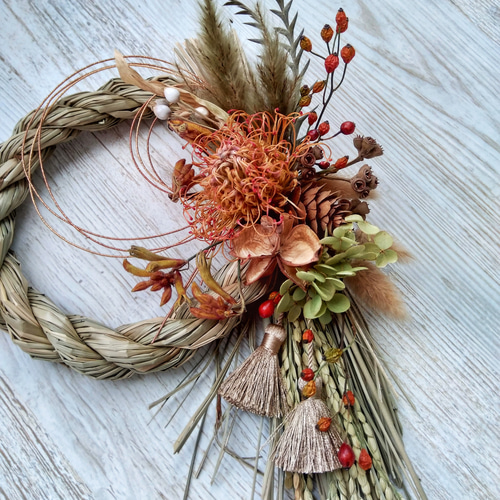 しめ縄② お正月飾り　ハンドメイド　稲穂　アーティフィシャル　しめ縄リース 自然素材 しめ縄飾り 稲穂 ドライ 和風 ナチュラル 正月飾り