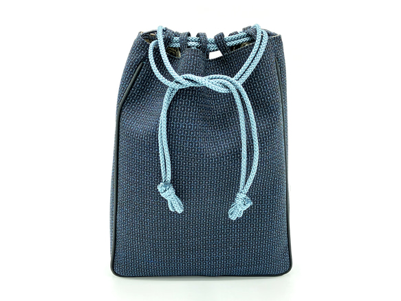 信玄袋・合切袋（巾着・ポーチ）とおしマチパイピング付き　   ウール着物地亀甲紋  (紺色系・茶色系柄あり)　 2枚目の画像
