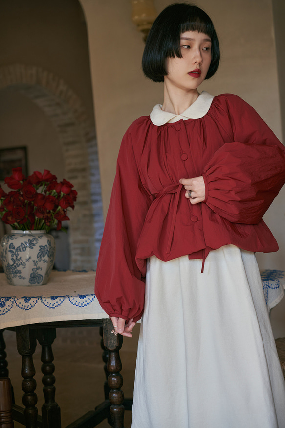 復古紅色 少女圓領聖誕紅寬鬆短款棉服 繫帶保暖棉衣 夾棉外套 第14張的照片