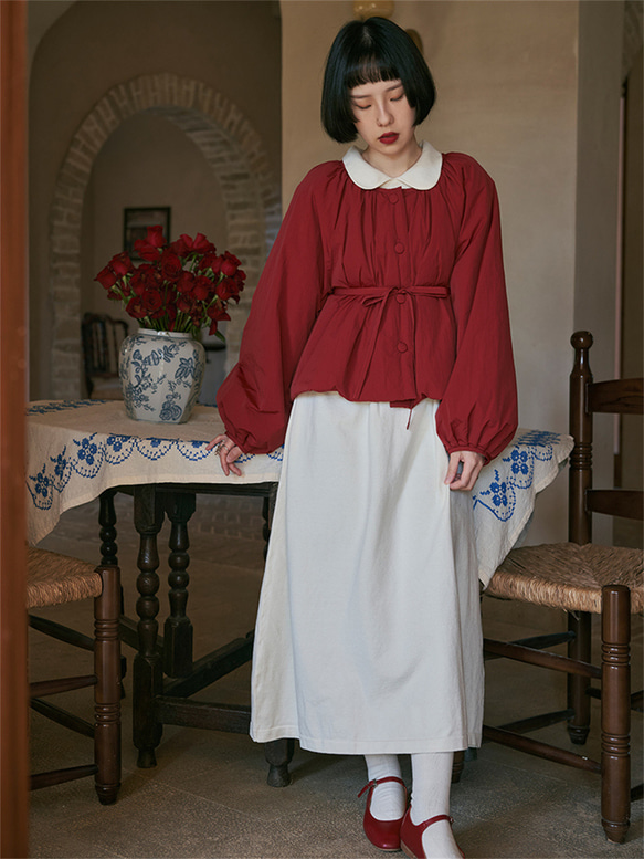復古紅色 少女圓領聖誕紅寬鬆短款棉服 繫帶保暖棉衣 夾棉外套 第2張的照片