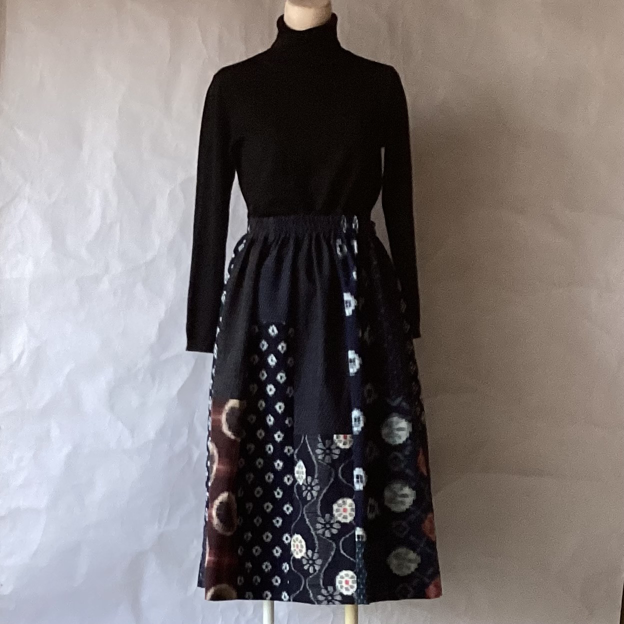 古布　かすり柄つなぎ　スカート　(4)