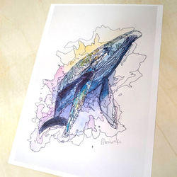 【飛び立つクジラ】ペン画/水彩画/水彩/アート/動物/絵/鯨/クジラ 2枚目の画像