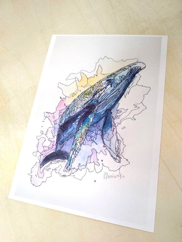 【飛び立つクジラ】ペン画/水彩画/水彩/アート/動物/絵/鯨/クジラ 2枚目の画像