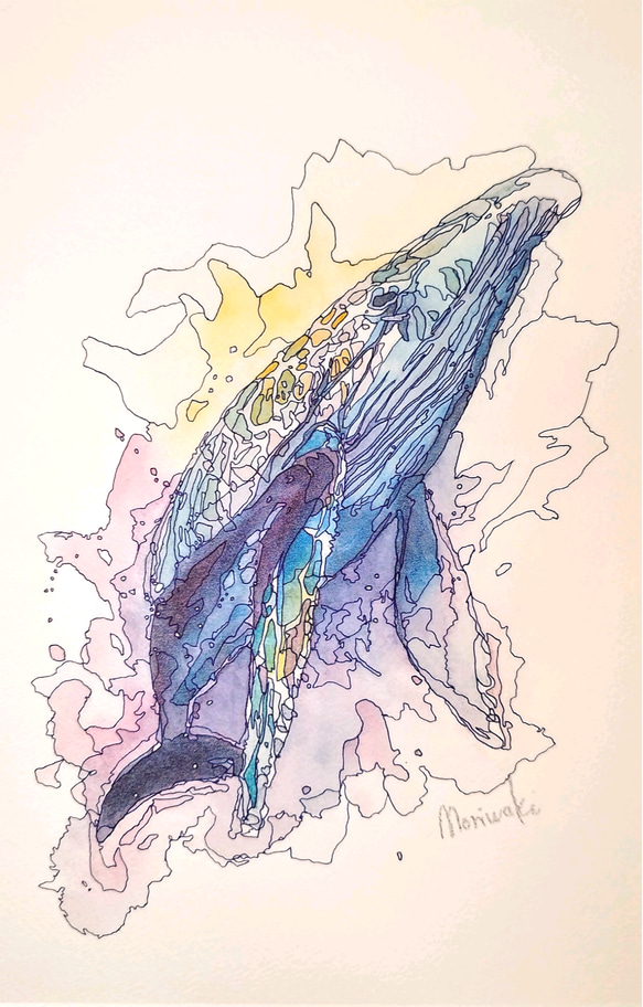 【飛び立つクジラ】ペン画/水彩画/水彩/アート/動物/絵/鯨/クジラ 1枚目の画像