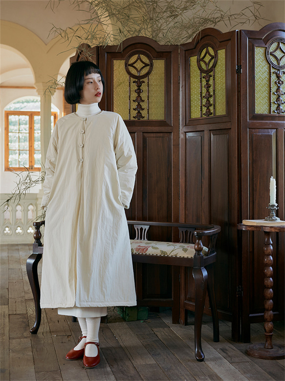 奶油白色 復古少女新中式軟fufu棉服 圓領寬鬆廓形中長款棉衣外套 第1張的照片