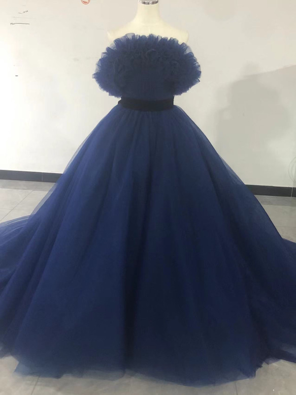 大好評中！ネイビー カラードレス 取り外しオフショルダー トレーン  