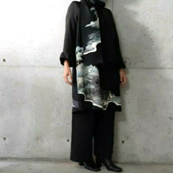 絹生地　波　松　ギャザーワンピース　パンツ MLサイズセットアップ　七分袖 　着物リメイク　セレモニー　普段着 1枚目の画像