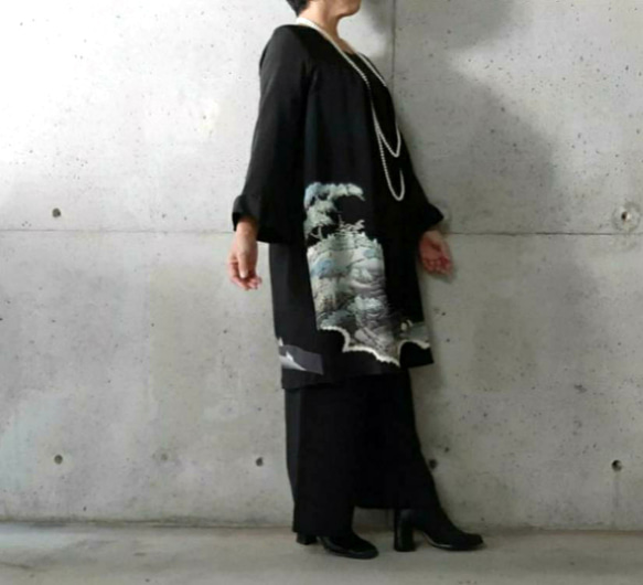 絹生地　波　松　ギャザーワンピース　パンツ MLサイズセットアップ　七分袖 　着物リメイク　セレモニー　普段着 6枚目の画像