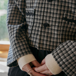 黑灰格紋 法式復古羊毛格紋方領毛呢外套 寬鬆修身顯瘦秋冬上衣 第4張的照片