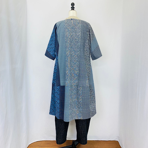 【安曇野染絣】着物柄 コクーンワンピース 大島紬風 紺 綿100 天然素材 ゆったり 重ね着 膝下丈 和風 ミセス 