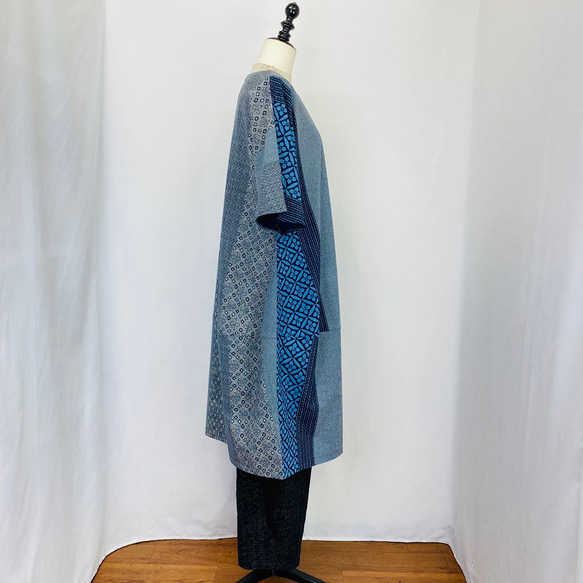 【安曇野染絣】着物柄 コクーンワンピース 大島紬風 紺 綿100 天然素材 ゆったり 重ね着 膝下丈 和風 ミセス 