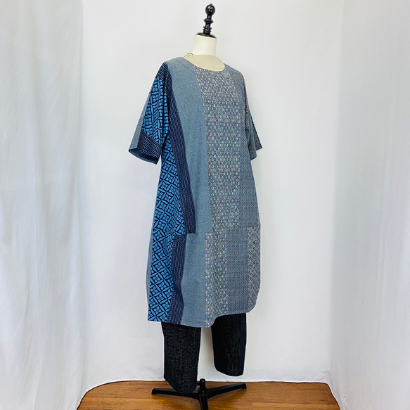 【安曇野染絣】着物柄 コクーンワンピース 大島紬風 紺 綿100 天然素材 ゆったり 重ね着 膝下丈 和風 ミセス 