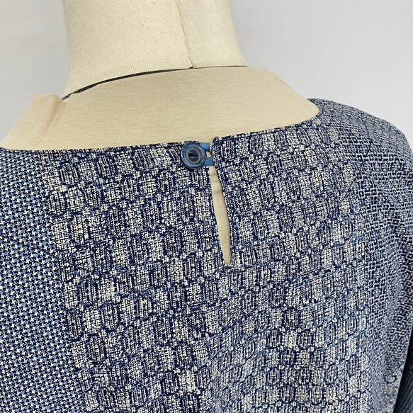 【安曇野染絣】着物柄 コクーンワンピース 大島紬風 紺 綿100 天然素材 ゆったり 重ね着 膝下丈 和風 ミセス 