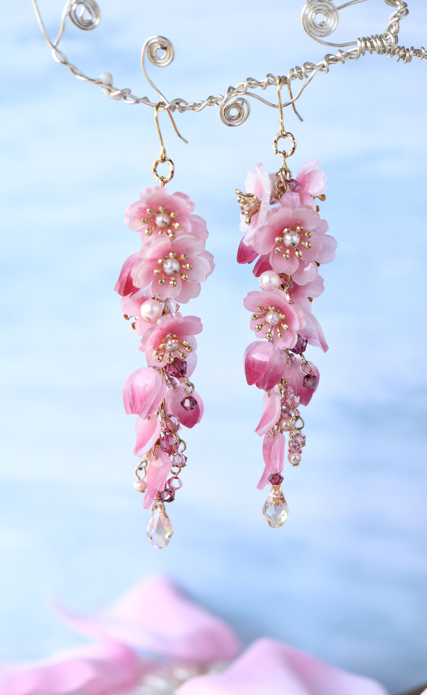 天然石♡はるうらら〜枝垂れ桜のスペシャルロングピアス14kgf 天然石♡はるうらら〜枝垂れ桜のスペシャルロングピアス14kgf
