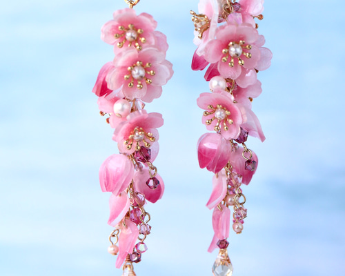 天然石♡はるうらら〜枝垂れ桜のスペシャルロングピアス14kgf
