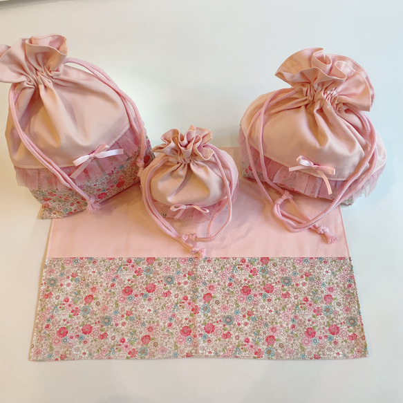 【給食袋】花柄×ピンク　チュール 6枚目の画像