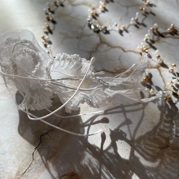 オーガンジーのクラゲ／2種の首飾り（単品）ブレスレット付き【受注制作】    くらげ 海月 ネックレス 蓄光 4枚目の画像