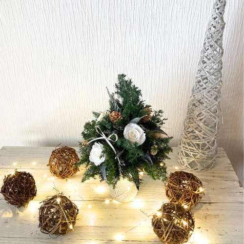 早割】ホワイトクリスマス・ツリー型・プリザーブドフラワー