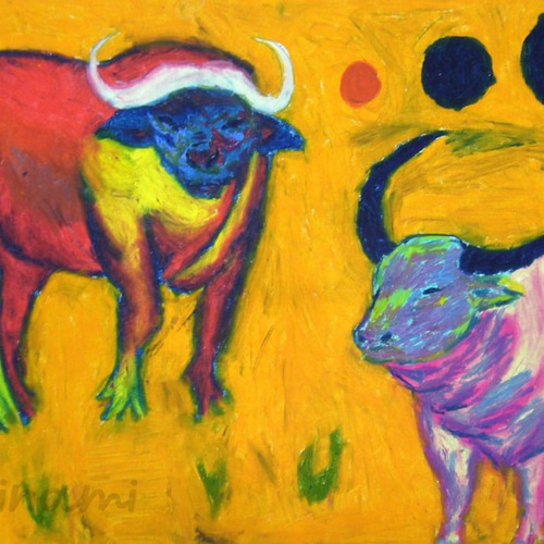 水牛】オレンジ色の背景と色鮮やかな水牛の姿が、大自然の力強さと精神