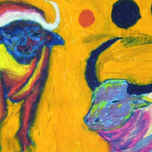 水牛】オレンジ色の背景と色鮮やかな水牛の姿が、大自然の力強さと精神