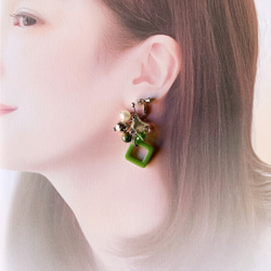 【三月生日石】水晶&amp;高防護雞血石方形耳環/耳環 第6張的照片