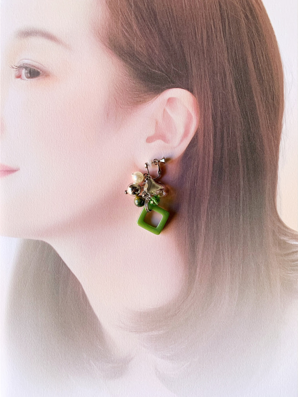 【三月生日石】水晶&amp;高防護雞血石方形耳環/耳環 第6張的照片