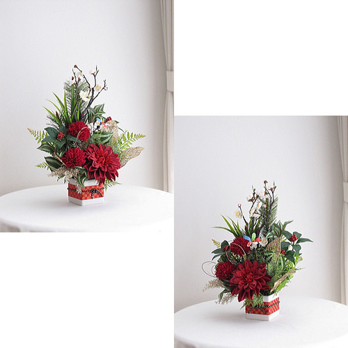 お正月飾り　ピンクダリア　白マム　造花アレンジメント お正月飾り ピンクダリア 白マム 造花アレンジメント マムとバラを使っ