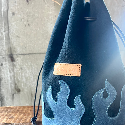 ファイヤー柄レザー巾着ポーチ L size ポシェット 02project