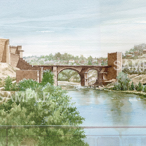 透明水彩画 トレド サンマルテイン橋 スペイン風景 原画 街並み