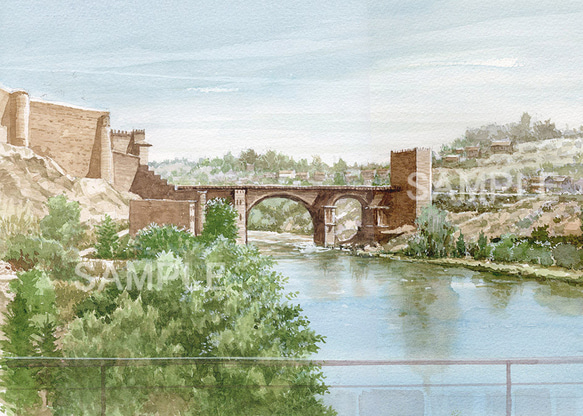 水彩画　絵画　スペイン　トレド 透明水彩 トレド テージョ川 スペイン 街並み トレド風景 水彩