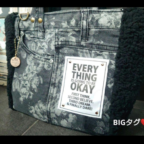 No.381【花柄DENIM✖️モコモコファーtoteBAG❤️】デニムリメイク 