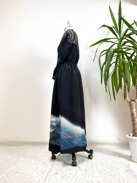 黒留袖着物リメイクウエストゴムロングスカート送料無料フリーサイズ1点物黒留袖着物リメイクロングスカートNO.1706 3枚目の画像