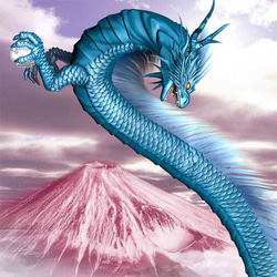 龍の絵「赤富士と青龍３」自作A4　竜の絵 2枚目の画像
