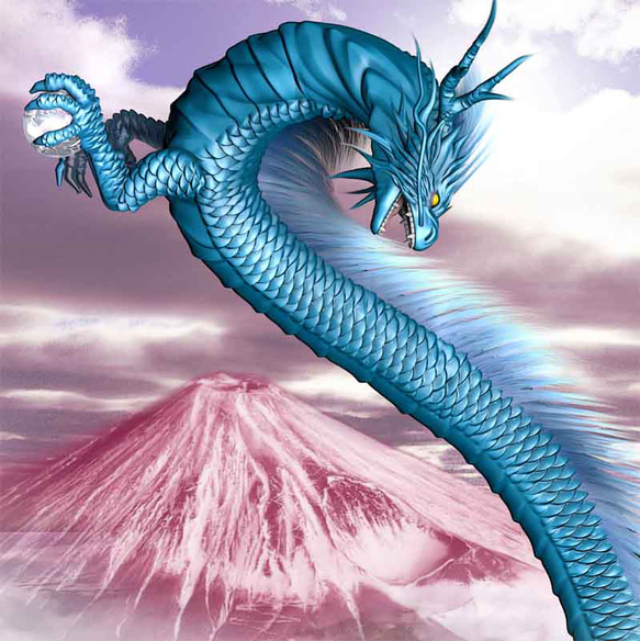 龍の絵「赤富士と青龍３」自作A4　竜の絵 2枚目の画像