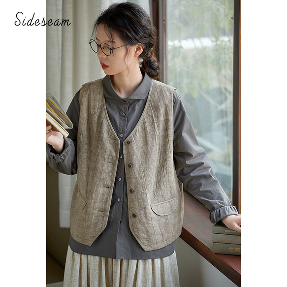 風合いあり綿麻ベスト Vネック綿麻ベスト S-Mサイズ S177 ベスト LUFU  