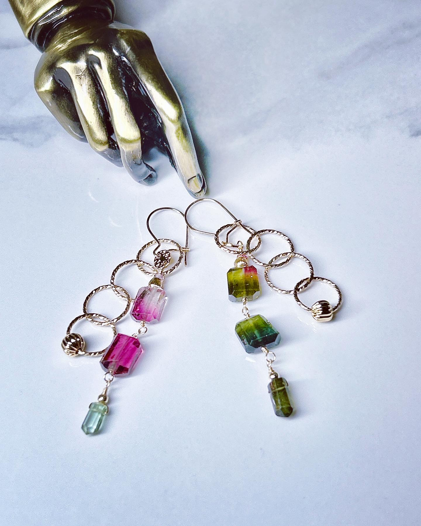 一点物14kgf☆グラデーションバイカラーウォーターメロントルマリンとゴールドパーツの贅沢付け替えピアス