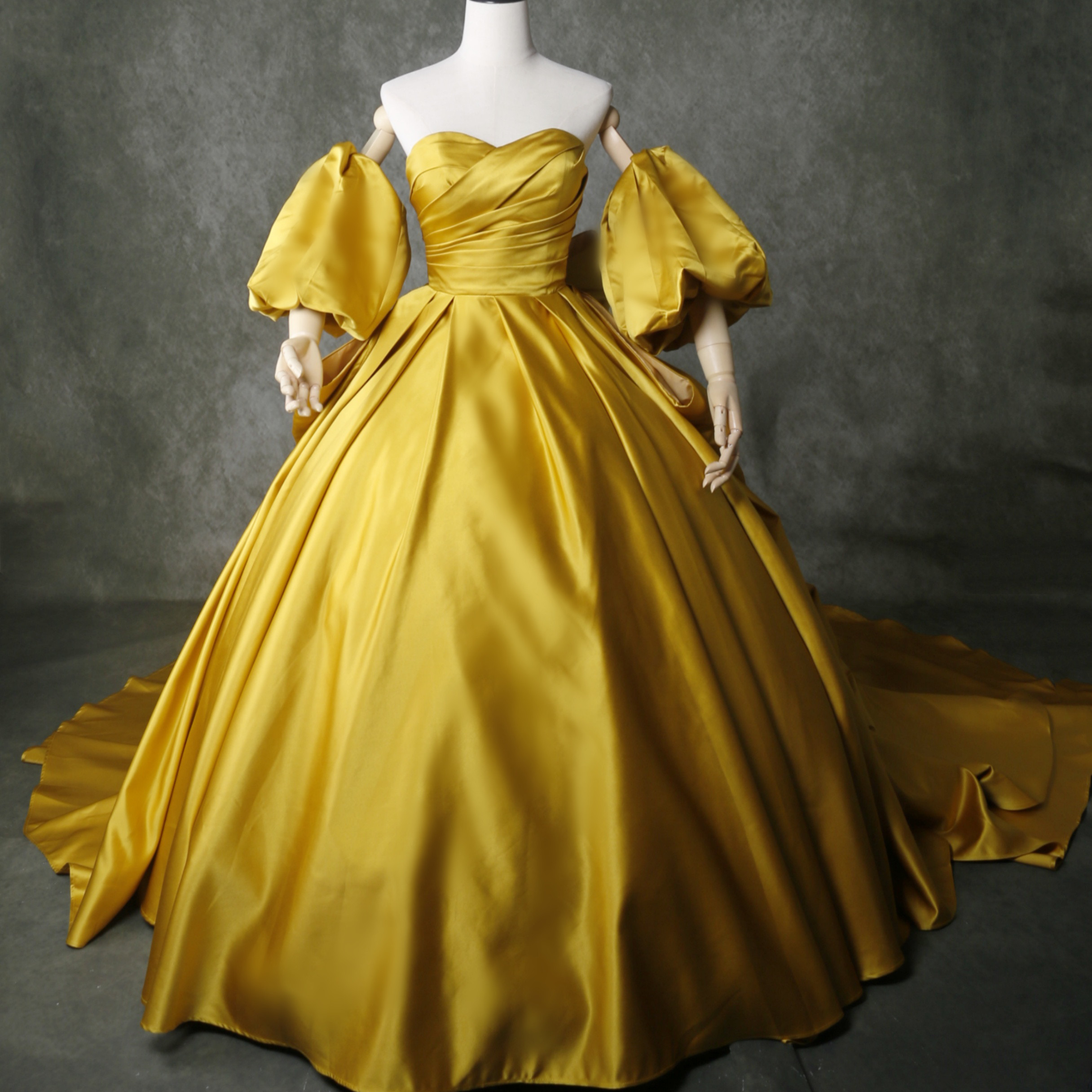 送料無料！3WAYS マスタードイエローカラードレス　取り外し袖　豪華なバックリボン　パフスリーブ　ウエディングドレス