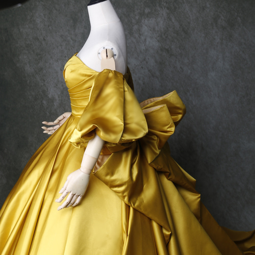 送料無料！マスタードイエロー取り外し袖のみ パフスリーブ ドレス