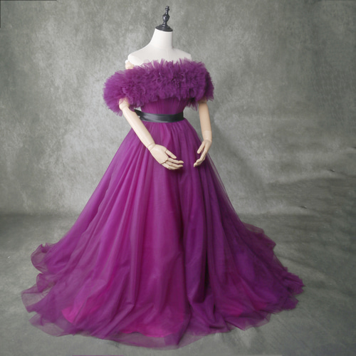 エレガントな紫色のオフショルダードレス （送料無料！取り外しオフ  