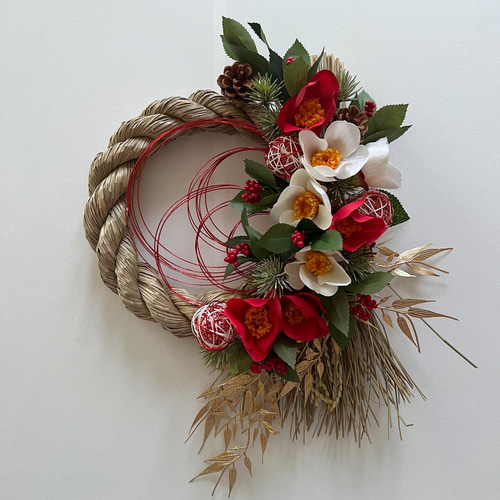 椿と千両の正月飾り b しめ縄飾り しめ飾り 水引 正月 しめ縄