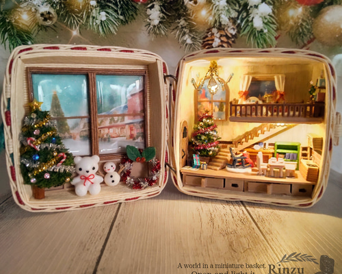 クリスマス ミニチュア クラフトバンドのバスケット 置物 季節飾り LED