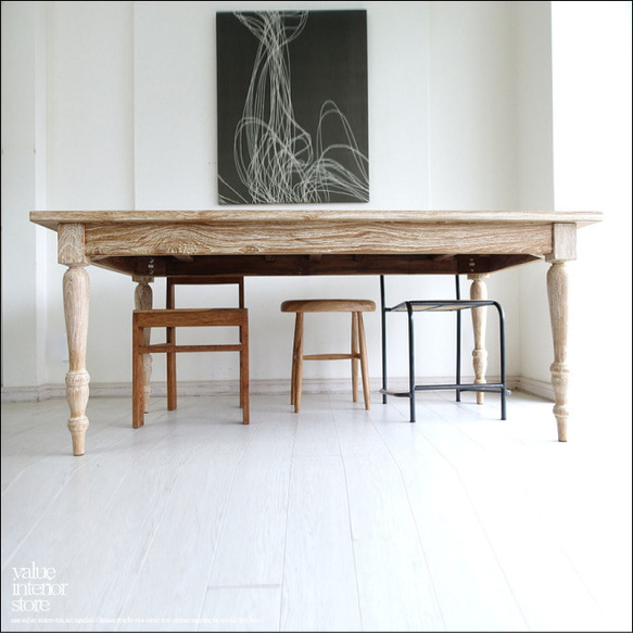 オールドチーク無垢材 ダイニングテーブルSlenWW 食卓テーブル 無垢材テーブル 机 古材家具 ナチュラルホワイト 1枚目の画像