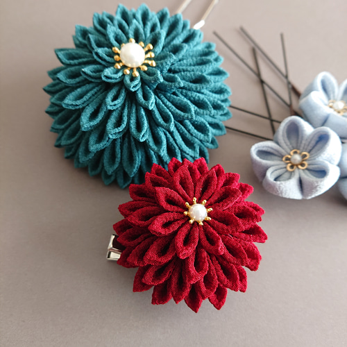 大正浪漫を感じるレトロカラーの髪飾り つまみ細工 髪飾りセット 緑