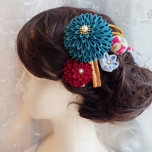 大正浪漫を感じるレトロカラーの髪飾り つまみ細工 髪飾りセット 緑