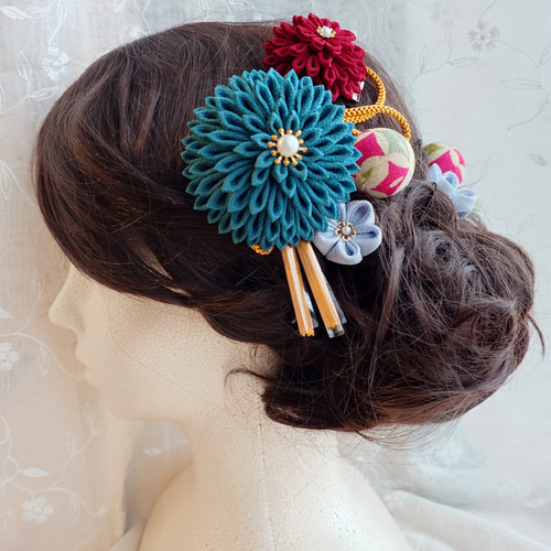 大正浪漫を感じるレトロカラーの髪飾り つまみ細工 髪飾りセット 緑