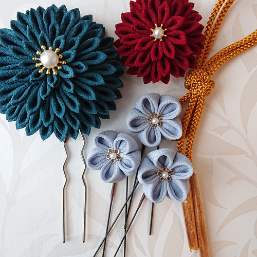 大正浪漫を感じるレトロカラーの髪飾り つまみ細工 髪飾りセット